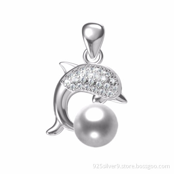 Wholesale Customized colour 925 sterling silver dolphon necklace pendant with fresh water pearl&CZ stones